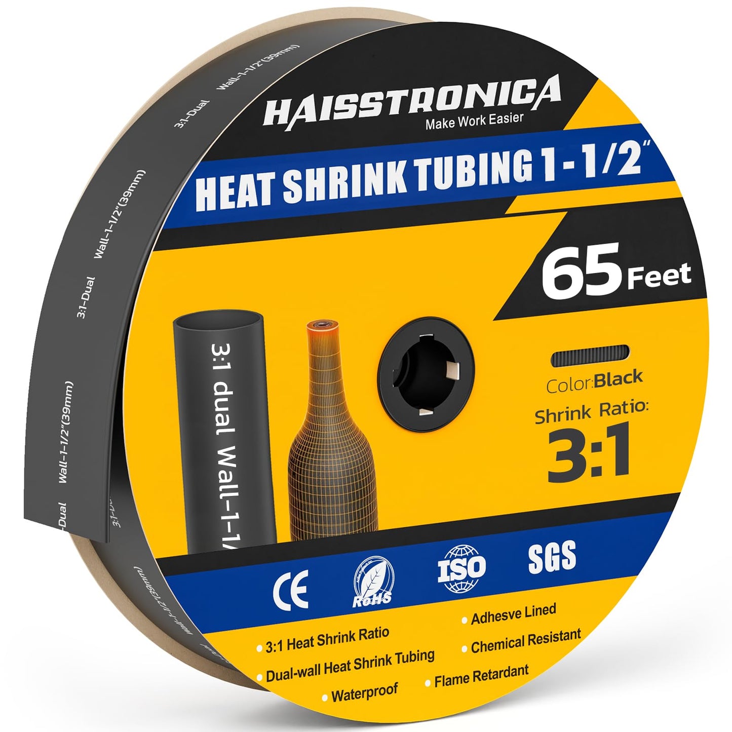 haisstronica 3:1 Heat Shrink Tubing, Shrink Ratio Adhesive Lined Marine Grade Heat Shrink Tube for Home, Automotive and Industrial (Black) 65FT 1/4inch
