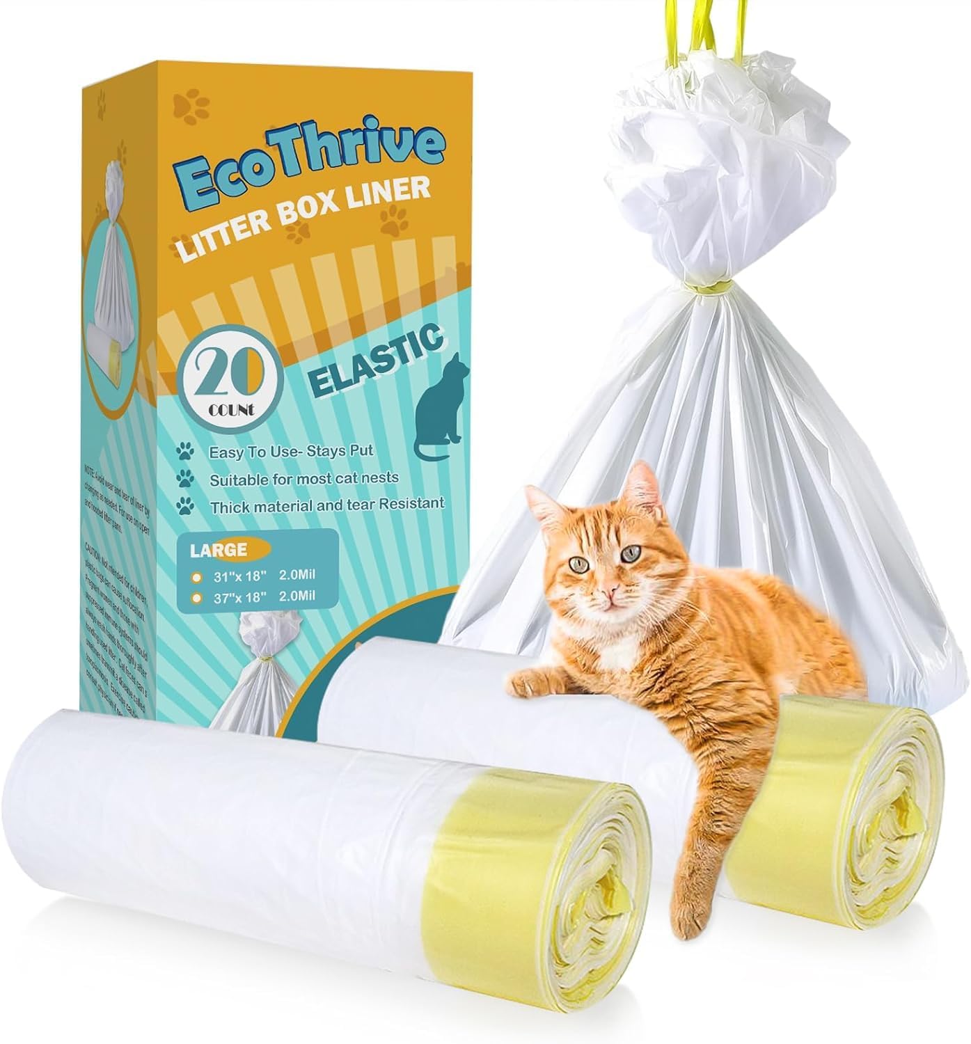 20 Count Cat Litter Liners Large, Drawstring Extra Large Pet Cat Pan Liners Extra-Thick Kitty Litter Box Bag- (medium 31" x 18")