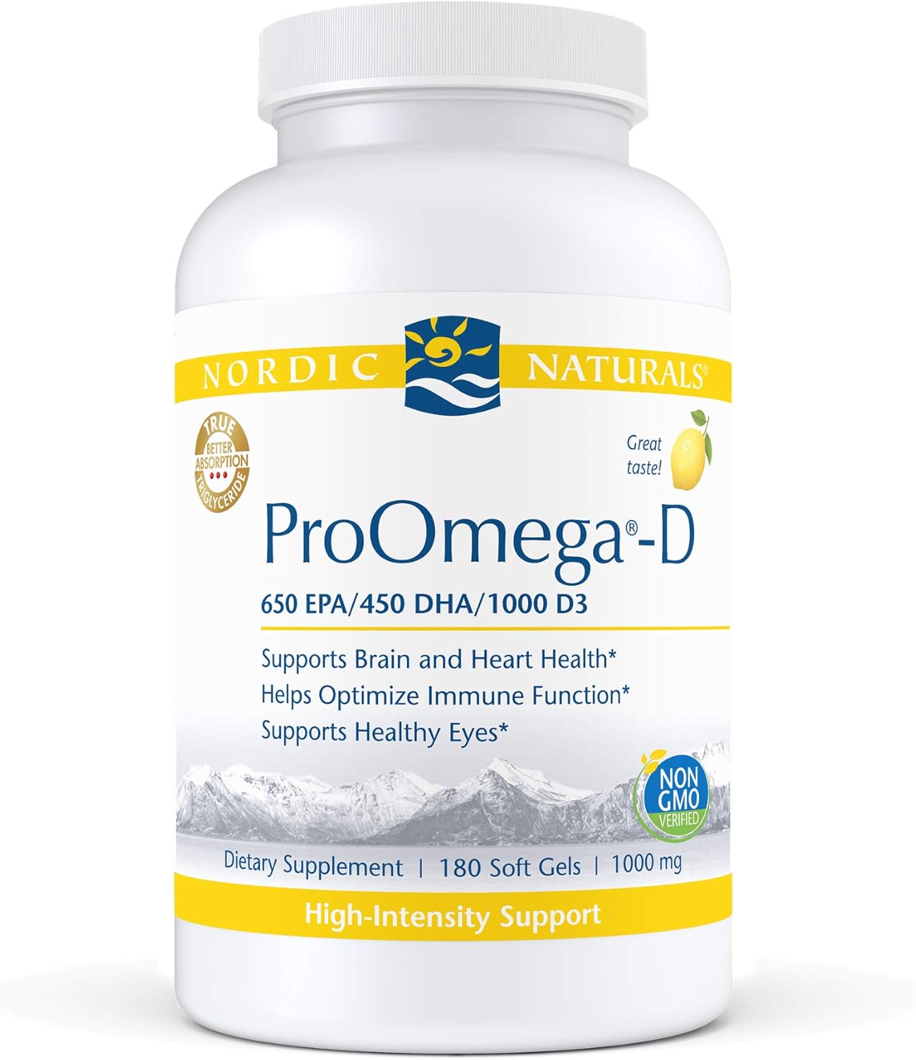 Nordic Naturals ProOmega-D, Lemon Flavor - 180 Soft Gels - 1280 mg Omega-3 + 1000 IU D3 - High-Potency Fish Oil - EPA & DHA - Brain, Eye, Heart, & Immune Health - Non-GMO - 90 Servings