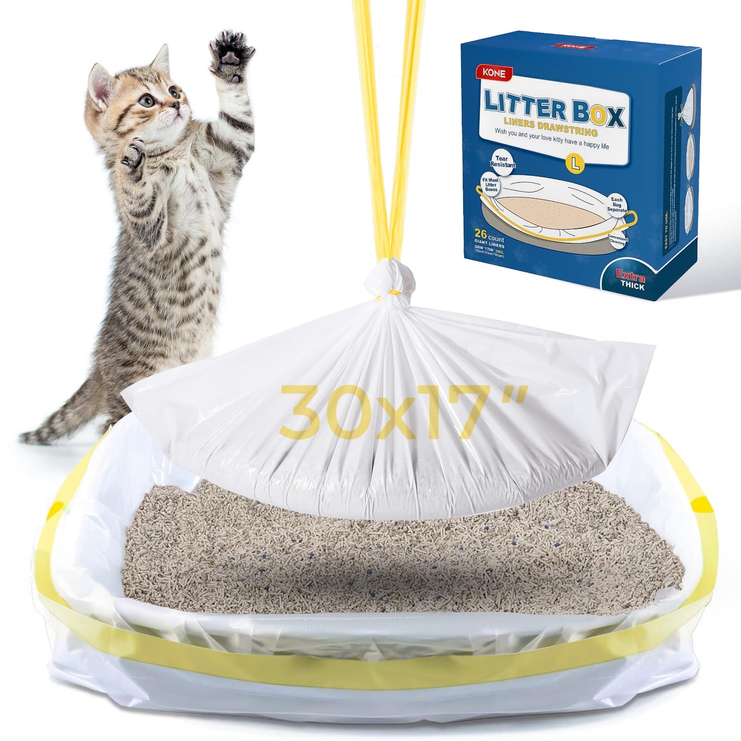 KONE Cat Litter Box Liners Jumbo 45 x 18 inch Heavy Duty Drawstring Bags 20 Count