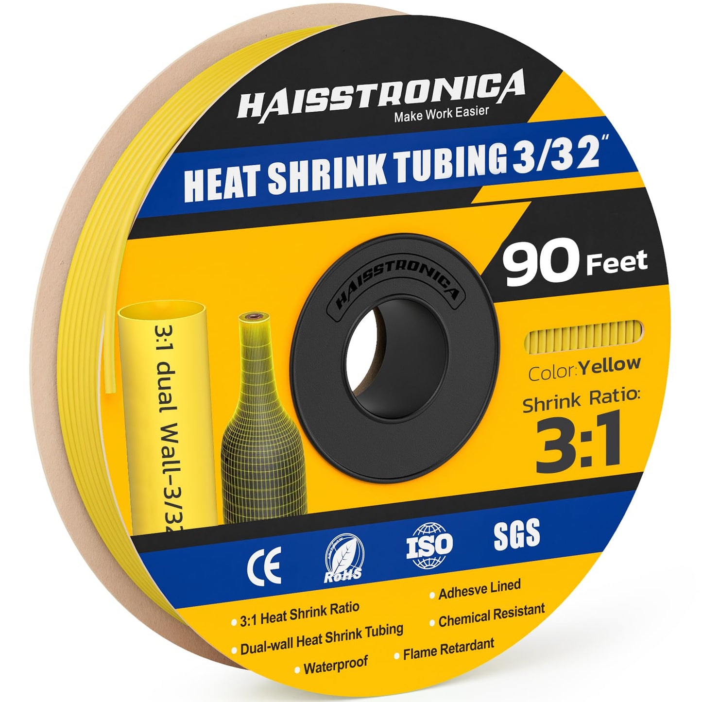 haisstronica 3:1 Heat Shrink Tubing, Shrink Ratio Adhesive Lined Marine Grade Heat Shrink Tube for Home, Automotive and Industrial (Black) 65FT 1/4inch