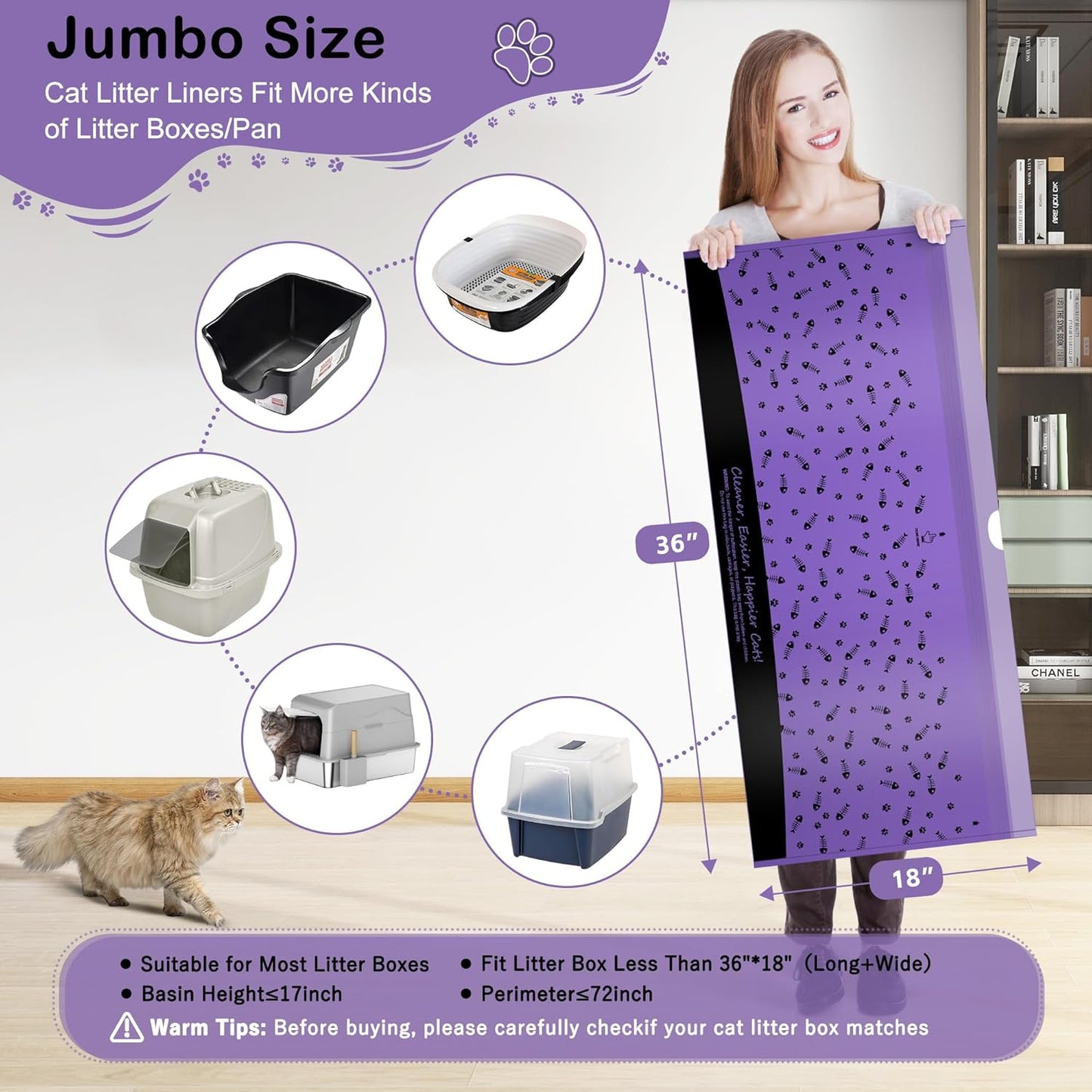 40 Count XL Cat Litter Box Liners Bags Large, Extra Durable Kitty Litter Box Waste Bags, Jumbo Drawstring Extra Thick Pet Cat Pan Liners - 36" x 18"