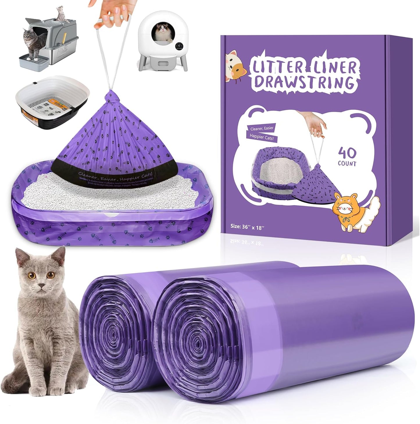 40 Count XL Cat Litter Box Liners Bags Large, Extra Durable Kitty Litter Box Waste Bags, Jumbo Drawstring Extra Thick Pet Cat Pan Liners - 36" x 18"
