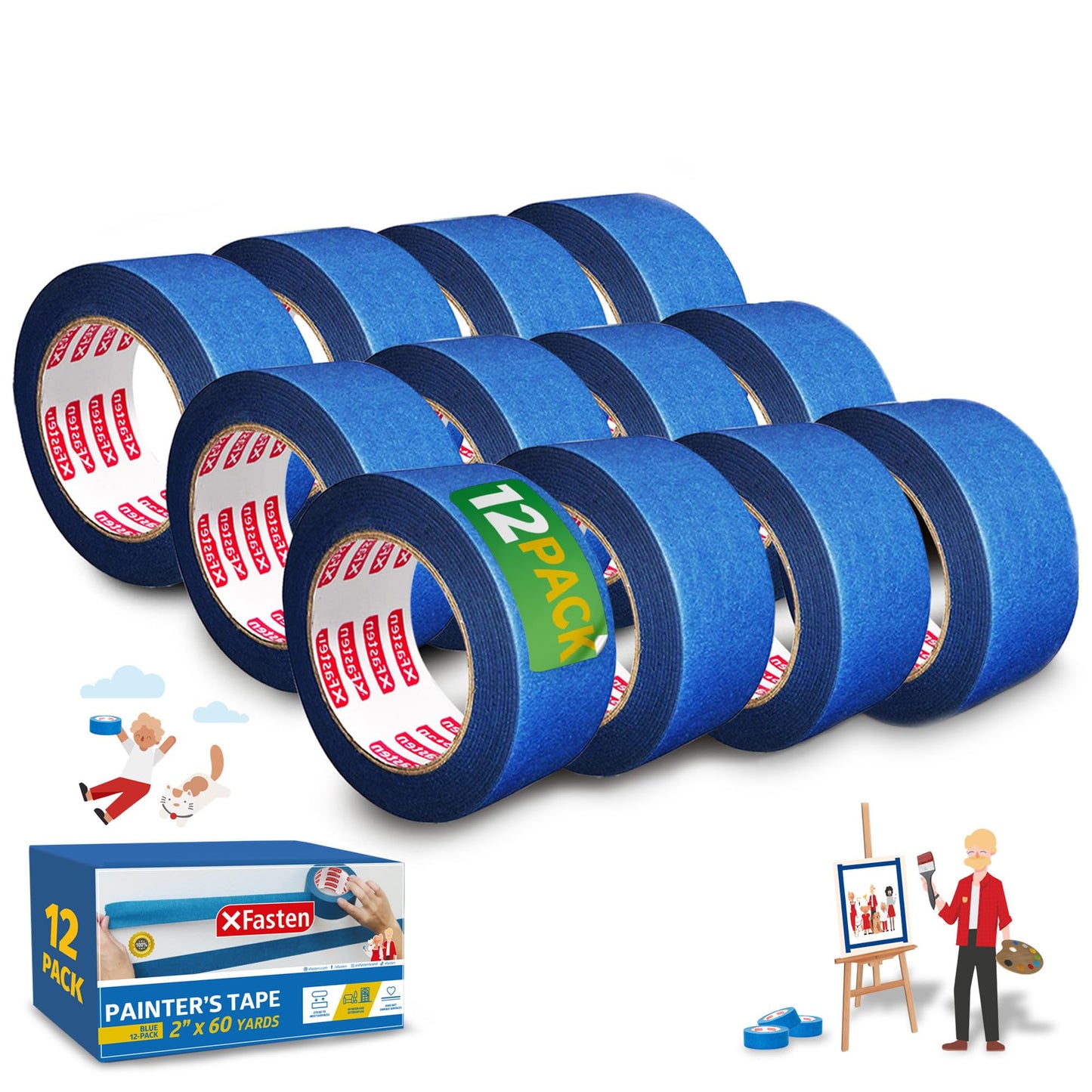 XFasten Blue Painters Tape Bulk - 3-Inch x 60-Yards (12-Pack, 2160ft Total) - Wall Safe, Masking Tape for Painting, Automotive