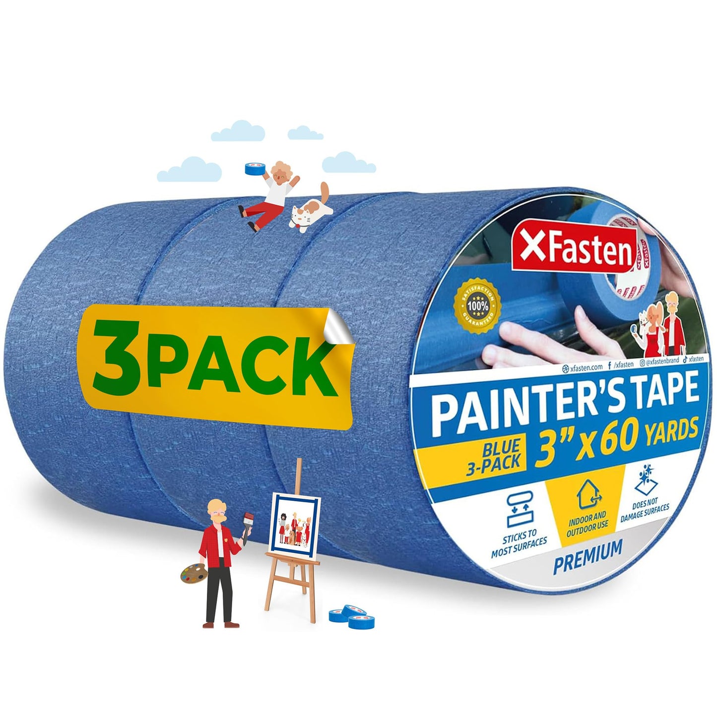 XFasten Blue Painters Tape Bulk - 3-Inch x 60-Yards (12-Pack, 2160ft Total) - Wall Safe, Masking Tape for Painting, Automotive