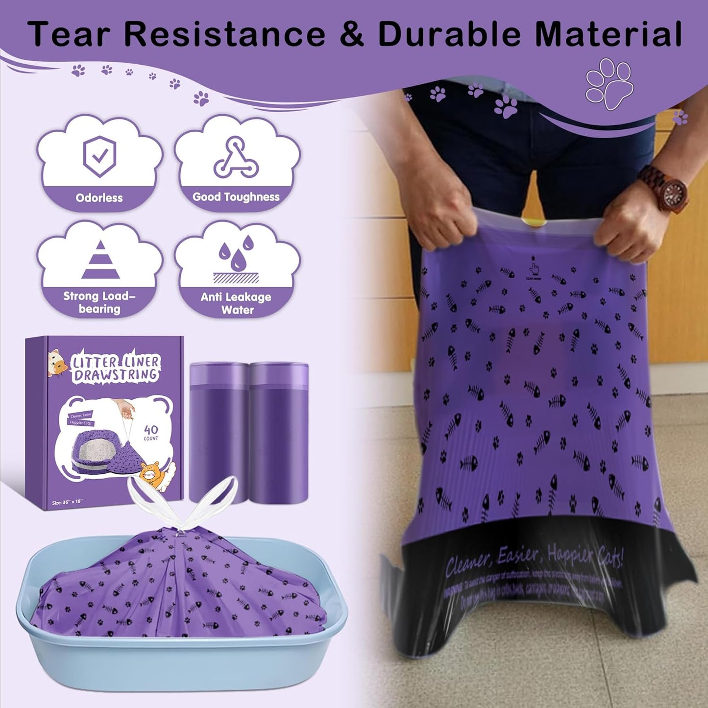40 Count XL Cat Litter Box Liners Bags Large, Extra Durable Kitty Litter Box Waste Bags, Jumbo Drawstring Extra Thick Pet Cat Pan Liners - 36" x 18"