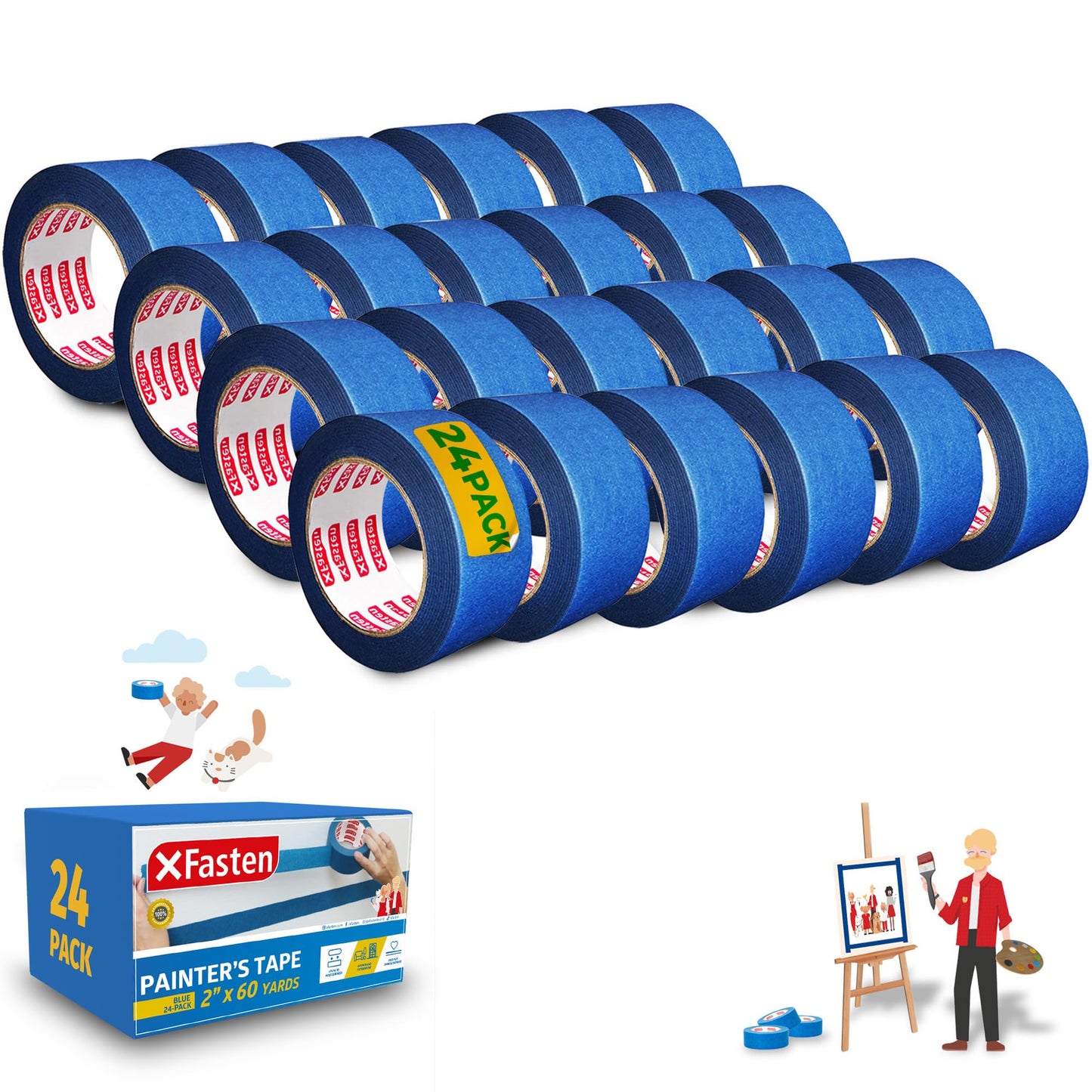 XFasten Blue Painters Tape Bulk - 3-Inch x 60-Yards (12-Pack, 2160ft Total) - Wall Safe, Masking Tape for Painting, Automotive