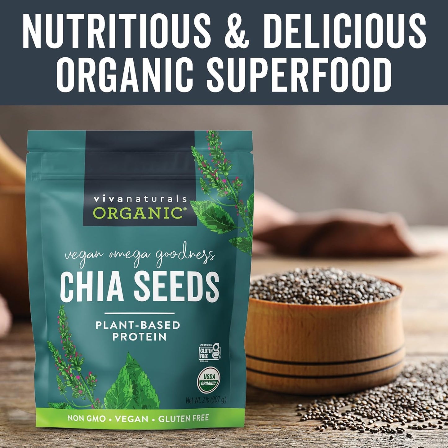 Viva Naturals Organic Chia Seeds 2 LBs - Plant-Based Omega-3 and Vegan Protein, Non-GMO Chia Seeds Organic Perfect for Smoothies, Salads and Chia Seed Pudding, Black Chia Seeds Bulk