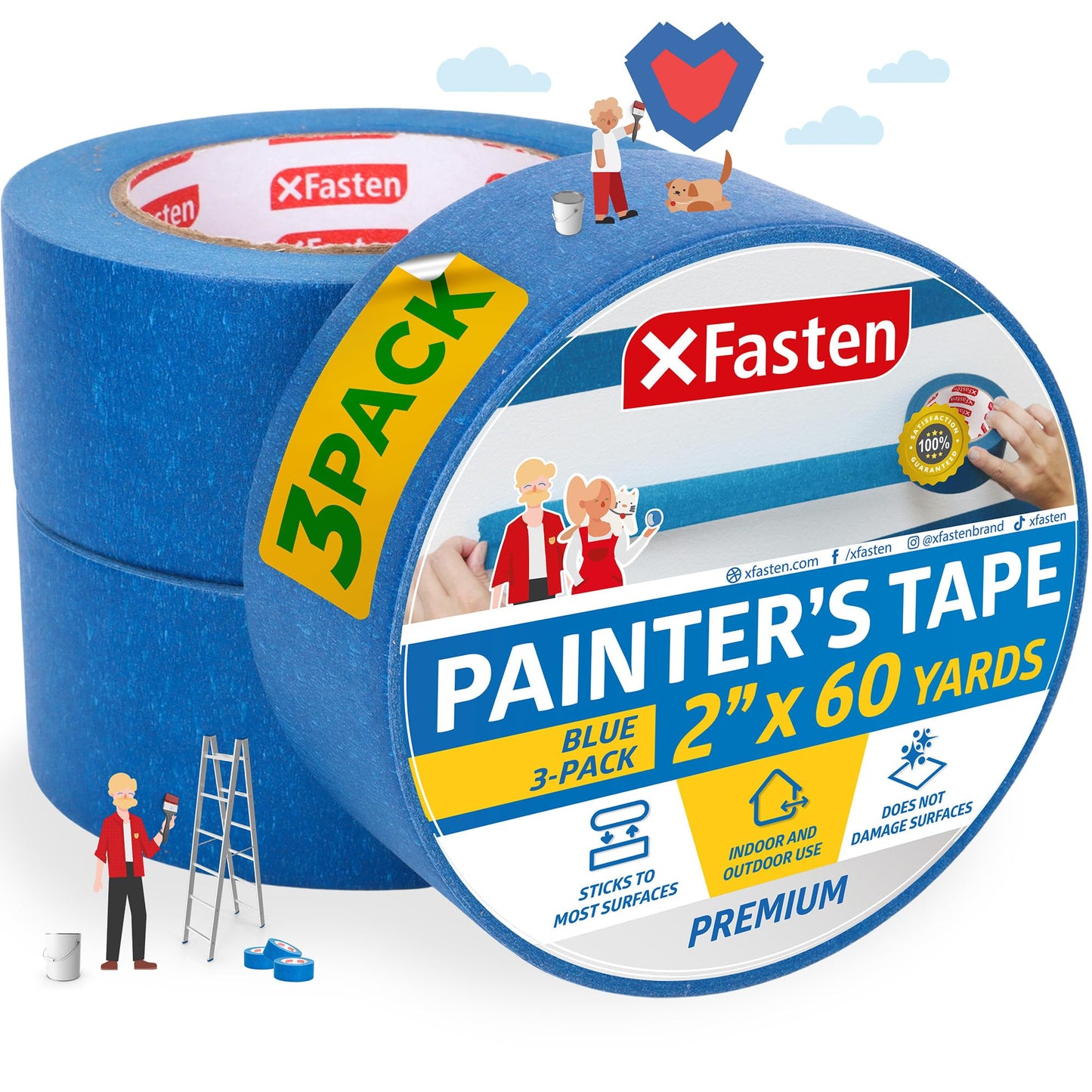 XFasten Blue Painters Tape Bulk - 3-Inch x 60-Yards (12-Pack, 2160ft Total) - Wall Safe, Masking Tape for Painting, Automotive