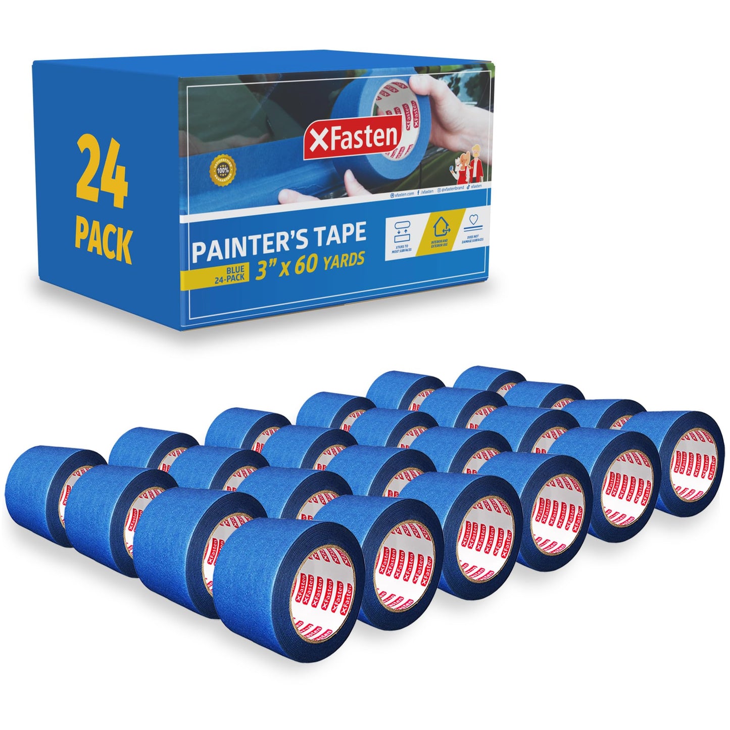 XFasten Blue Painters Tape Bulk - 3-Inch x 60-Yards (12-Pack, 2160ft Total) - Wall Safe, Masking Tape for Painting, Automotive