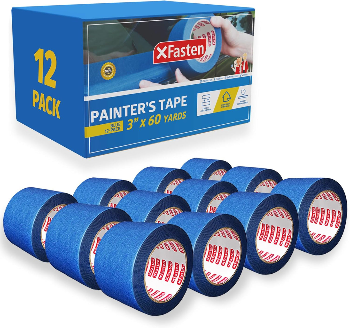 XFasten Blue Painters Tape Bulk - 3-Inch x 60-Yards (12-Pack, 2160ft Total) - Wall Safe, Masking Tape for Painting, Automotive