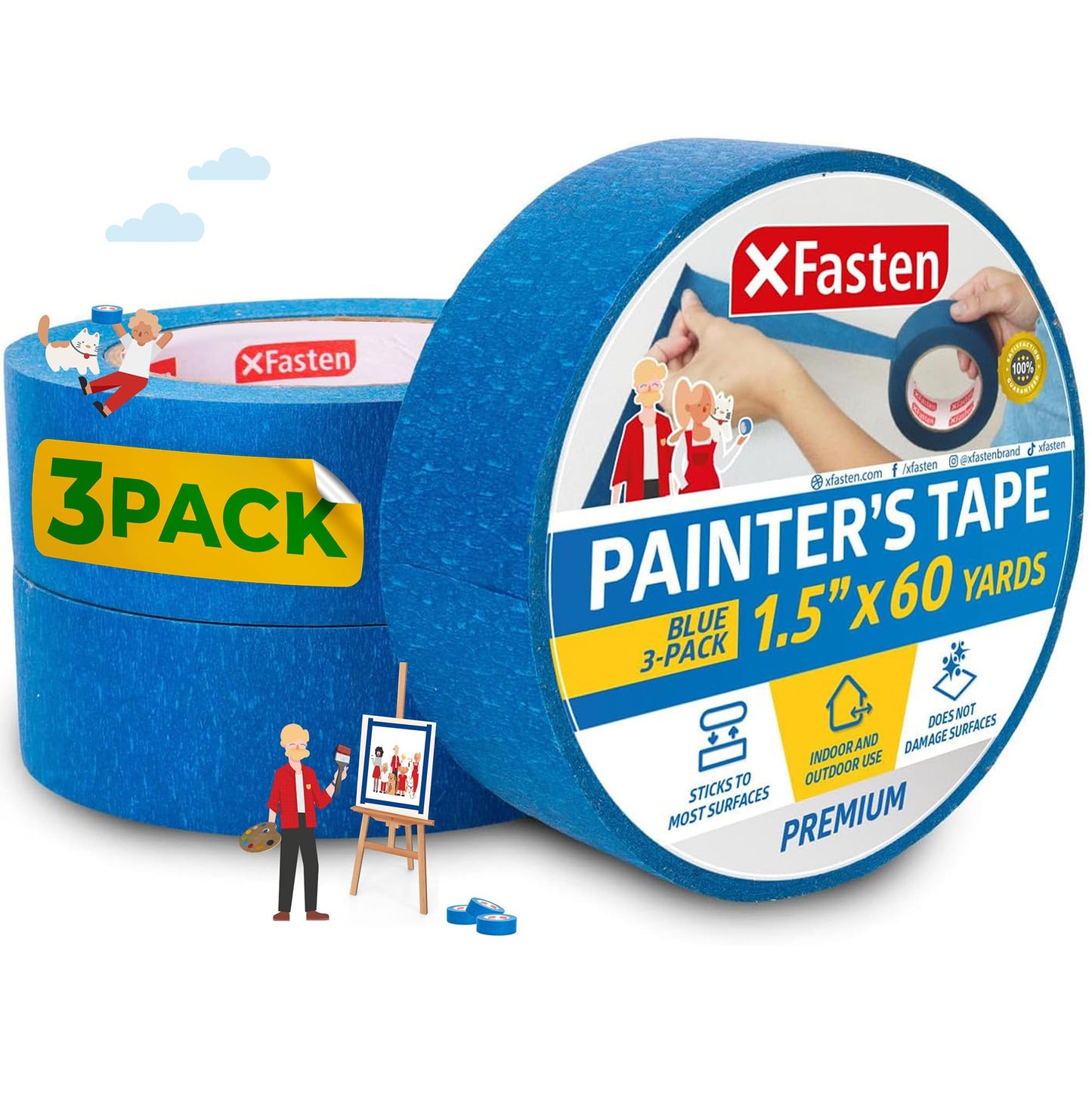 XFasten Blue Painters Tape Bulk - 3-Inch x 60-Yards (12-Pack, 2160ft Total) - Wall Safe, Masking Tape for Painting, Automotive