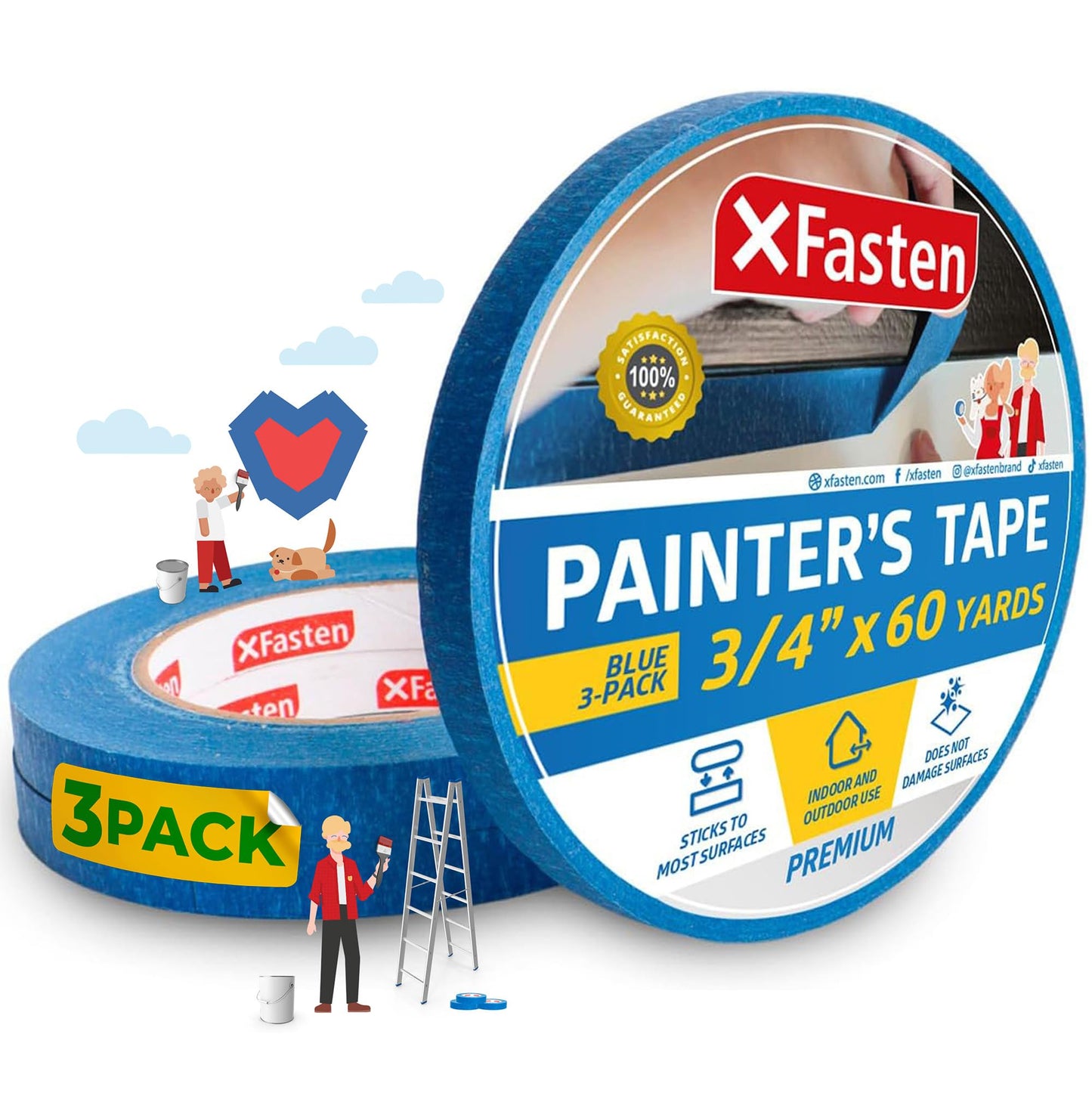 XFasten Blue Painters Tape Bulk - 3-Inch x 60-Yards (12-Pack, 2160ft Total) - Wall Safe, Masking Tape for Painting, Automotive