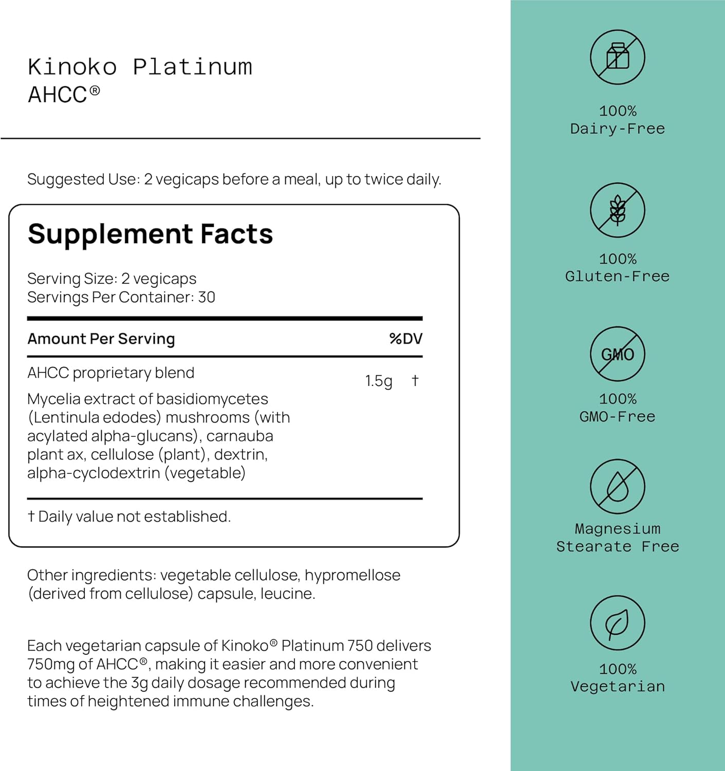 Quality of Life Premium Kinoko Platinum AHCC Herbal Supplement, 750mg of AHCC per Capsule, for Immune Support, Liver Function, Maintains Natural Killer Cell Activity, 1 Pack, 60 Veggie Capsules