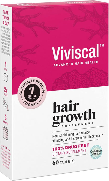 Viviscal Hair Growth Supplements for Women, Dietary Hair Supplement Tablets With AminoMar Collagen Complex, Biotin, Zinc, Vitamin C, and Iron, Nourish Thinning Hair, 30 Day Supply, 60 Count