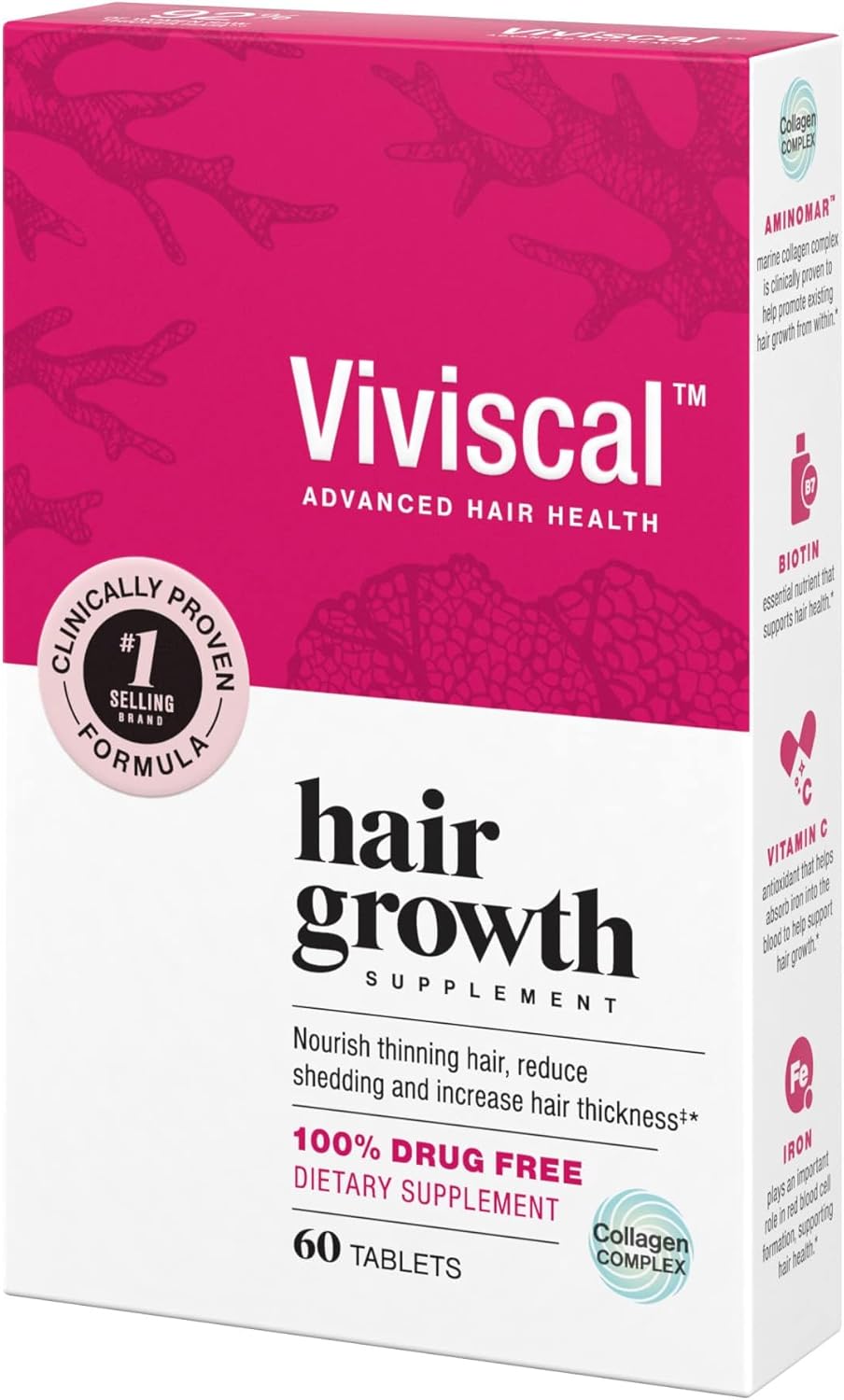 Viviscal Hair Growth Supplements for Women, Dietary Hair Supplement Tablets With AminoMar Collagen Complex, Biotin, Zinc, Vitamin C, and Iron, Nourish Thinning Hair, 30 Day Supply, 60 Count