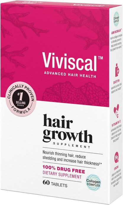 Viviscal Hair Growth Supplements for Women, Dietary Hair Supplement Tablets With AminoMar Collagen Complex, Biotin, Zinc, Vitamin C, and Iron, Nourish Thinning Hair, 30 Day Supply, 60 Count