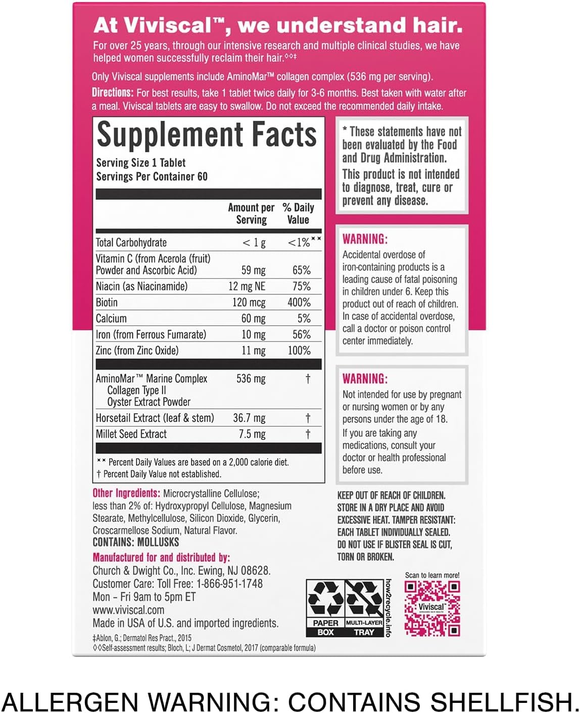 Viviscal Hair Growth Supplements for Women, Dietary Hair Supplement Tablets With AminoMar Collagen Complex, Biotin, Zinc, Vitamin C, and Iron, Nourish Thinning Hair, 30 Day Supply, 60 Count
