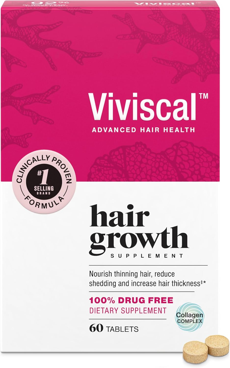Viviscal Hair Growth Supplements for Women, Dietary Hair Supplement Tablets With AminoMar Collagen Complex, Biotin, Zinc, Vitamin C, and Iron, Nourish Thinning Hair, 30 Day Supply, 60 Count