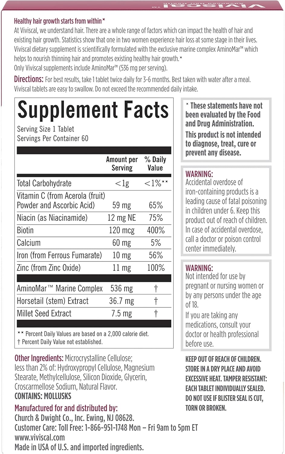 Viviscal Hair Growth Supplements for Women, Dietary Hair Supplement Tablets With AminoMar Collagen Complex, Biotin, Zinc, Vitamin C, and Iron, Nourish Thinning Hair, 30 Day Supply, 60 Count