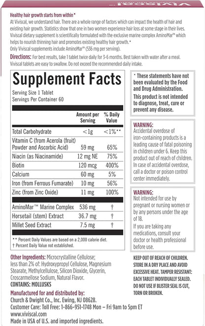 Viviscal Hair Growth Supplements for Women, Dietary Hair Supplement Tablets With AminoMar Collagen Complex, Biotin, Zinc, Vitamin C, and Iron, Nourish Thinning Hair, 30 Day Supply, 60 Count
